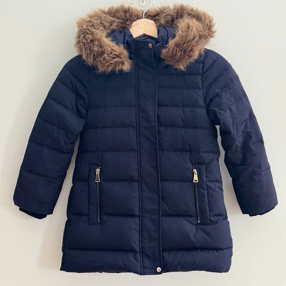 ZARA Girls Faux Fur Hooded Down Puffer Jacket/Coat, Navy Blue, Size 8